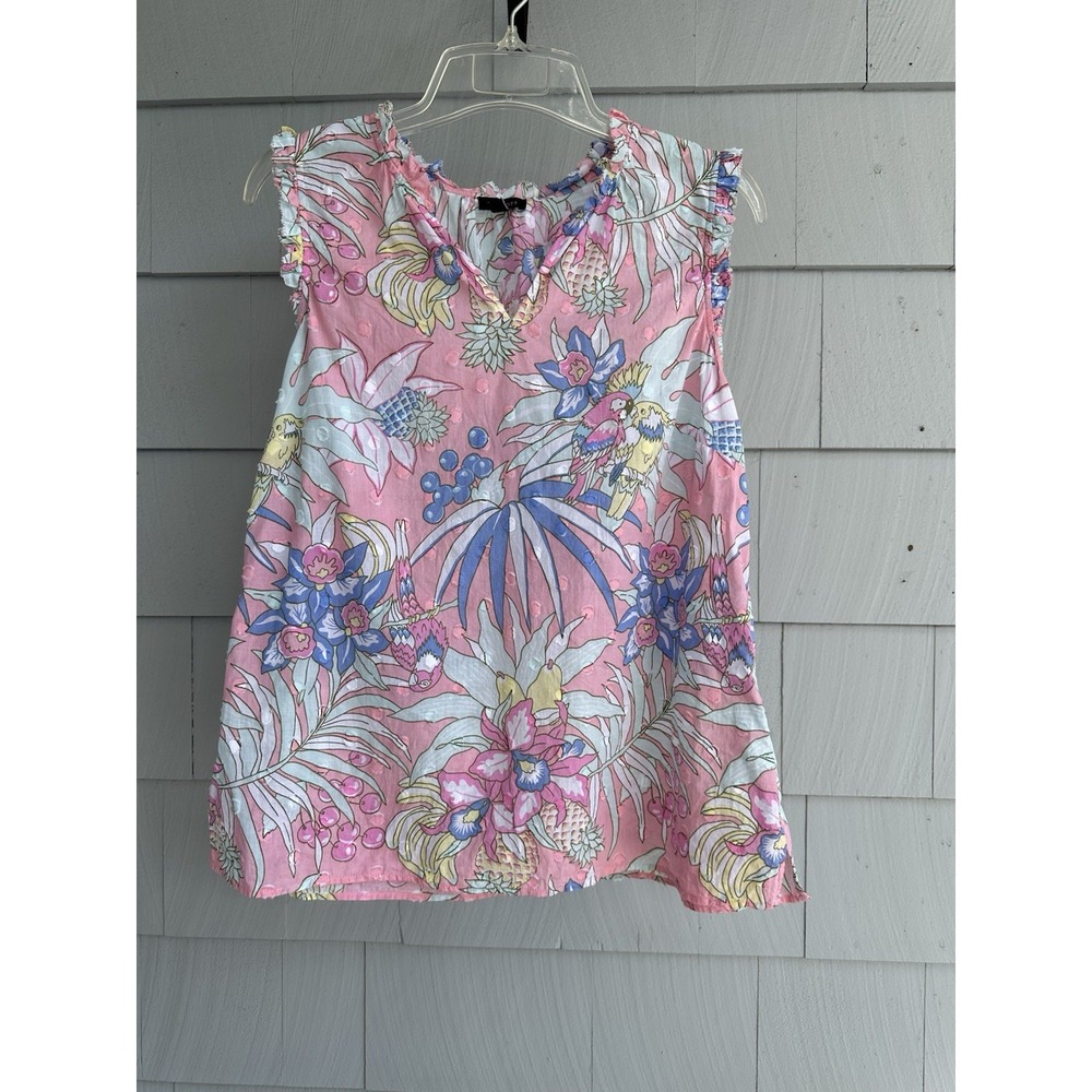 Talbots Tropical Parrot Print Ruffle Trim 100% Cotton Sleeveless Top – Size M - Picture 2 of 5